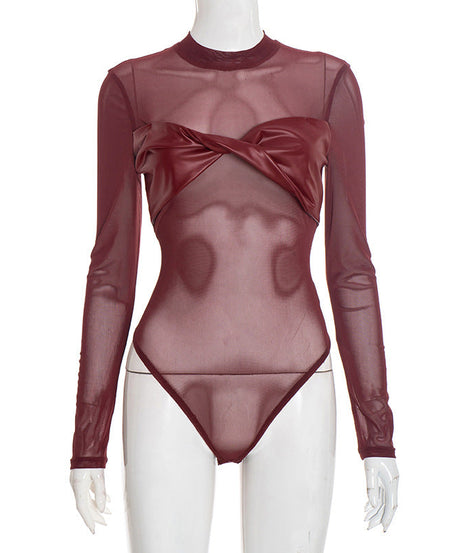 Crewneck long sleeve mesh PU leather bodysuit