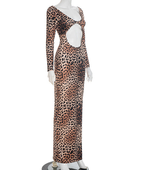 Fierce & Chic: Long Sleeve Leopard Print Maxi Dress with Daring Cutout - Your Fall & Holiday Statement Piece