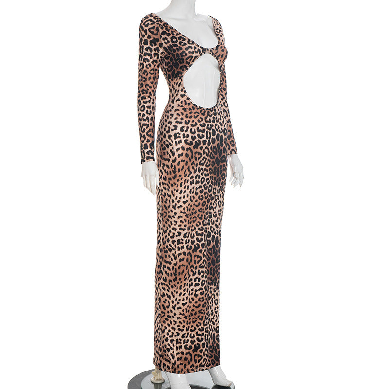 Fierce & Chic: Long Sleeve Leopard Print Maxi Dress with Daring Cutout - Your Fall & Holiday Statement Piece