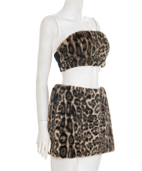 Fall/Winter Glam: Leopard Faux Fur Tube Top & Mini Skirt Set