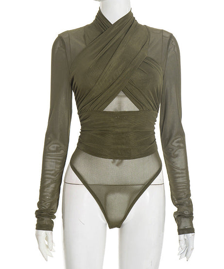 Chic Olive Green Mesh Wrap Bodysuit: High Neck, Cutout Long Sleeve – Your Fall & Holiday Statement Piece
