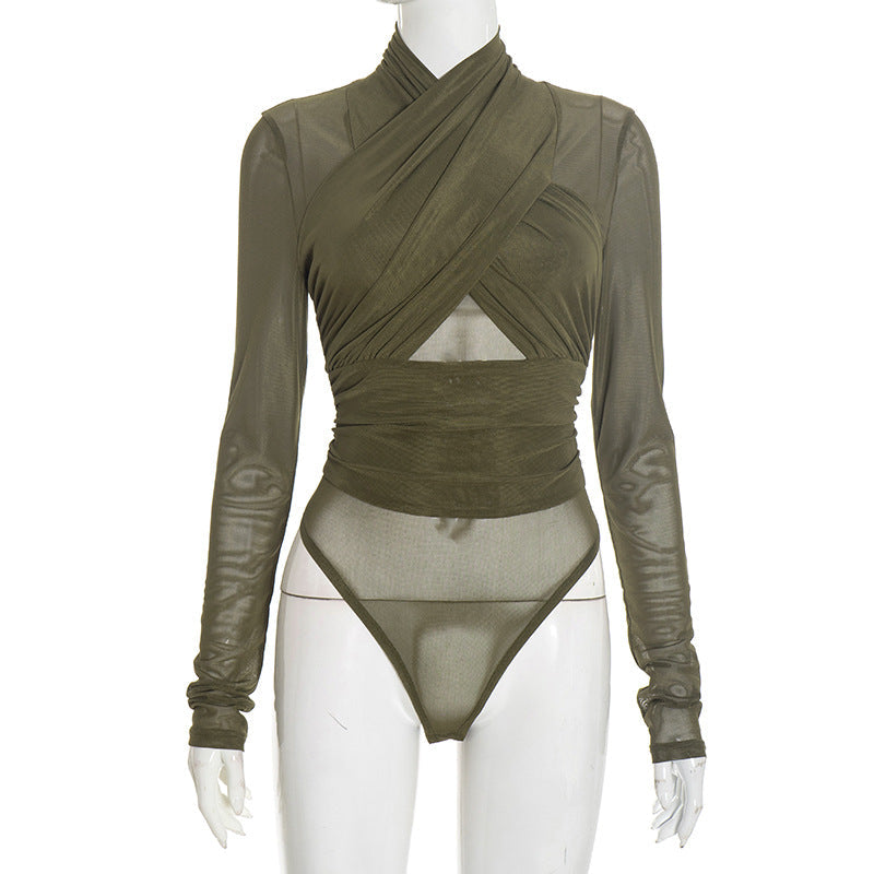 Chic Olive Green Mesh Wrap Bodysuit: High Neck, Cutout Long Sleeve – Your Fall & Holiday Statement Piece