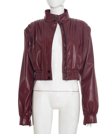 Chic Burgundy Faux Leather Cropped Bomber Jacket - Essential Fall & Holiday Style