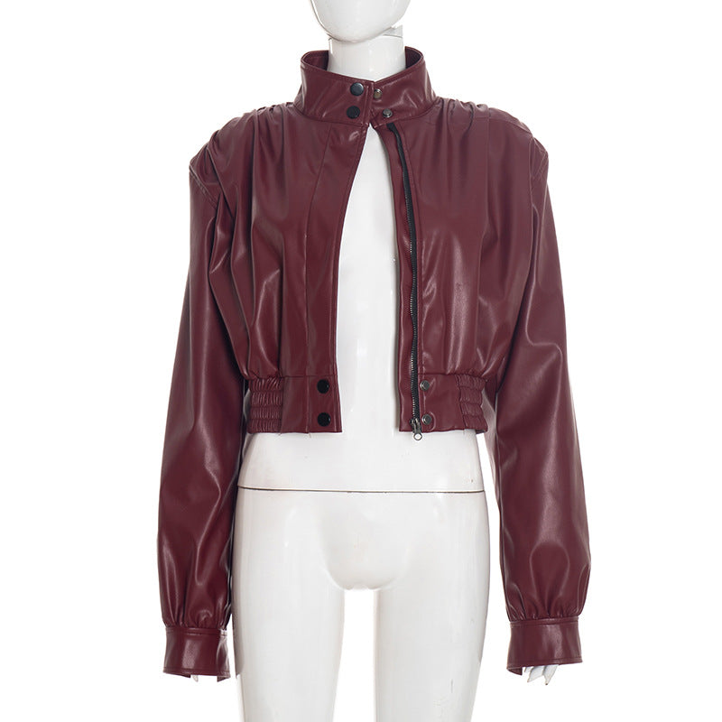 Chic Burgundy Faux Leather Cropped Bomber Jacket - Essential Fall & Holiday Style