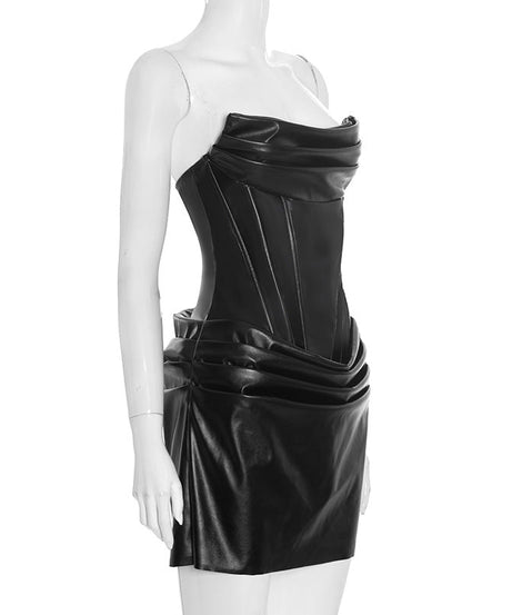 Sultry Faux Leather Corset Mini Dress - Strapless Ruched Bodycon for Holiday & NYE Parties