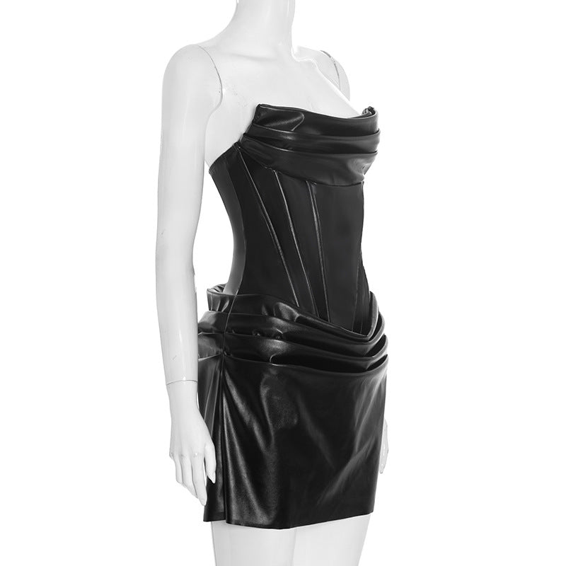 Sultry Faux Leather Corset Mini Dress - Strapless Ruched Bodycon for Holiday & NYE Parties