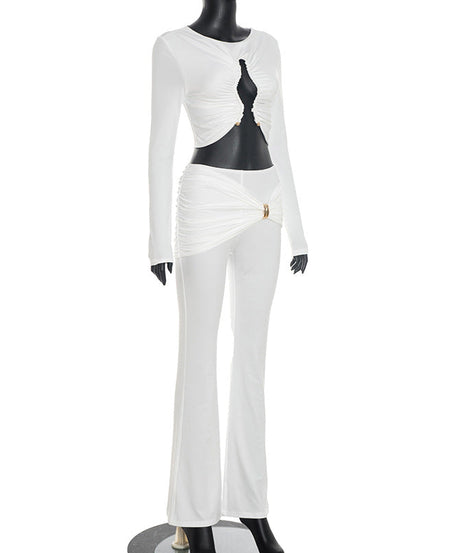 Chic White Ruched Cut-Out Long Sleeve Crop Top & Flare Pant Set | Holiday Party & Resort Ready