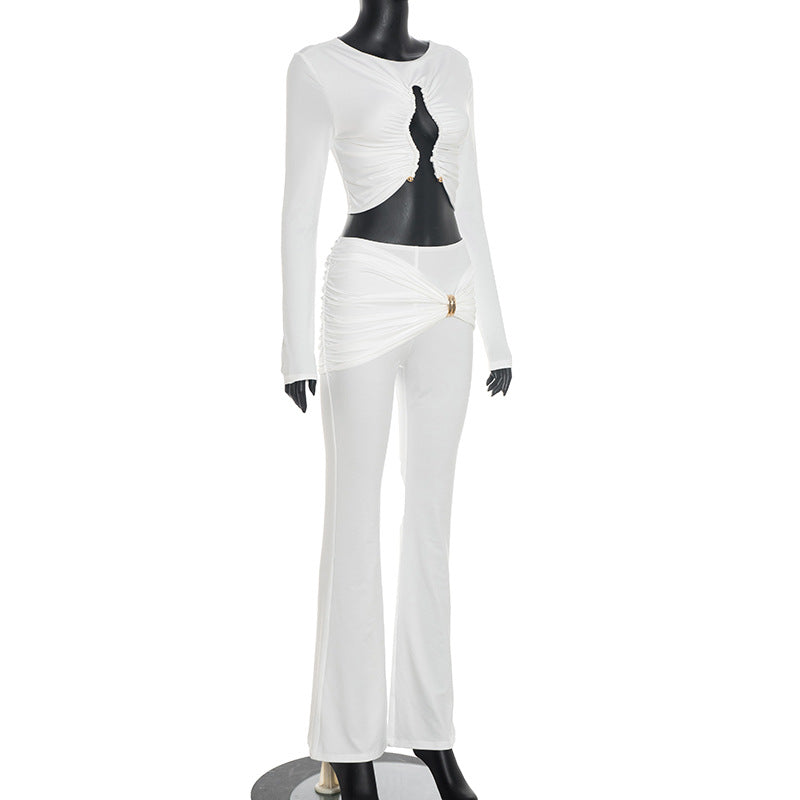Chic White Ruched Cut-Out Long Sleeve Crop Top & Flare Pant Set | Holiday Party & Resort Ready