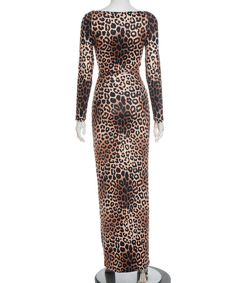 Fierce & Chic: Long Sleeve Leopard Print Maxi Dress with Daring Cutout - Your Fall & Holiday Statement Piece