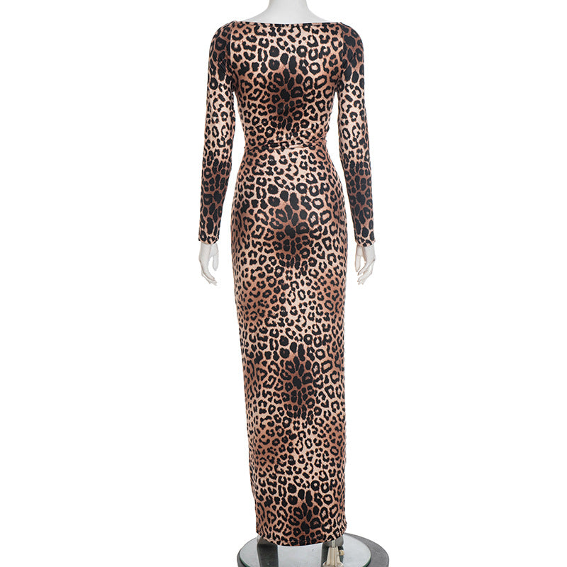 Fierce & Chic: Long Sleeve Leopard Print Maxi Dress with Daring Cutout - Your Fall & Holiday Statement Piece
