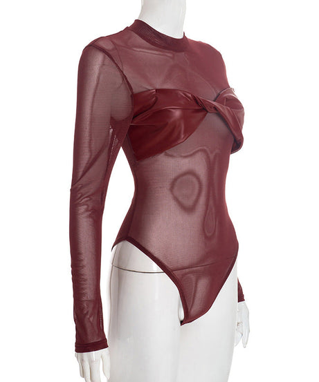 Crewneck long sleeve mesh PU leather bodysuit