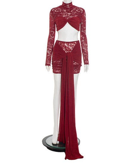 Glamorous Wine Red Lace Crop Top & Mini Skirt Set with Dramatic Train - Holiday & NYE Ready