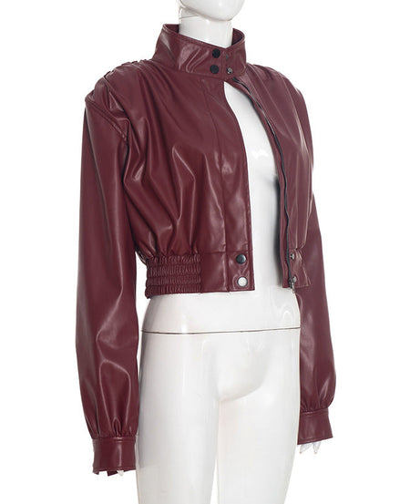 Chic Burgundy Faux Leather Cropped Bomber Jacket - Essential Fall & Holiday Style