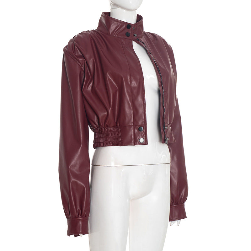 Chic Burgundy Faux Leather Cropped Bomber Jacket - Essential Fall & Holiday Style