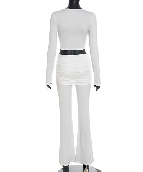 Chic White Ruched Cut-Out Long Sleeve Crop Top & Flare Pant Set | Holiday Party & Resort Ready