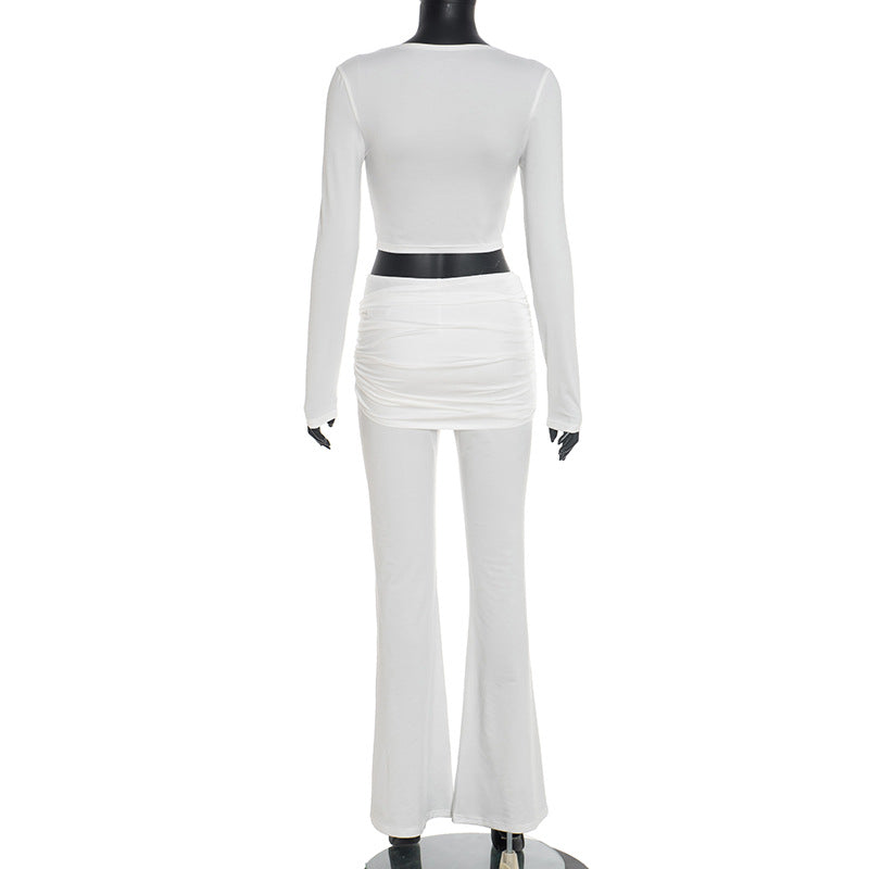 Chic White Ruched Cut-Out Long Sleeve Crop Top & Flare Pant Set | Holiday Party & Resort Ready