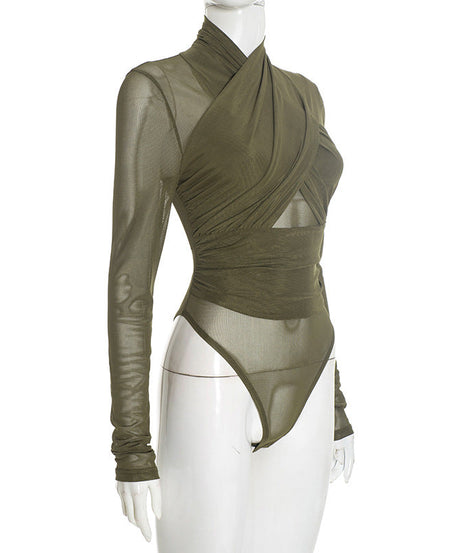 Chic Olive Green Mesh Wrap Bodysuit: High Neck, Cutout Long Sleeve – Your Fall & Holiday Statement Piece