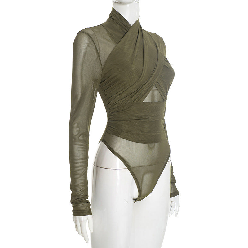 Chic Olive Green Mesh Wrap Bodysuit: High Neck, Cutout Long Sleeve – Your Fall & Holiday Statement Piece