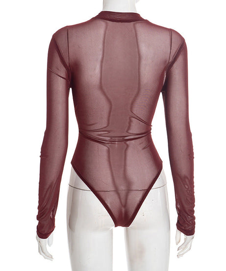 Crewneck long sleeve mesh PU leather bodysuit