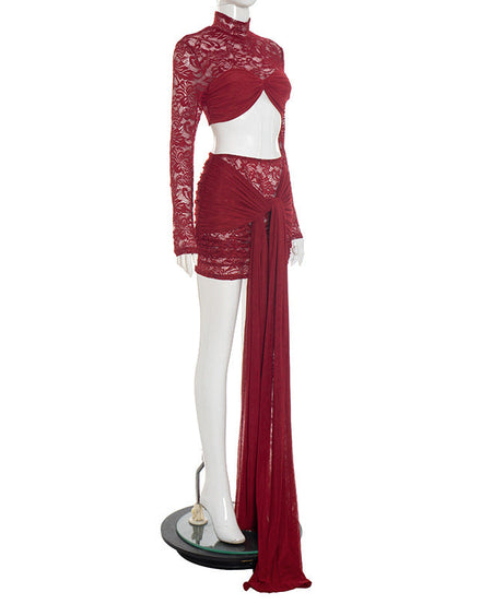 Glamorous Wine Red Lace Crop Top & Mini Skirt Set with Dramatic Train - Holiday & NYE Ready
