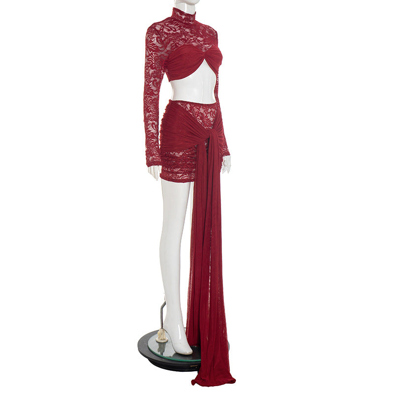 Glamorous Wine Red Lace Crop Top & Mini Skirt Set with Dramatic Train - Holiday & NYE Ready