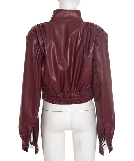 Chic Burgundy Faux Leather Cropped Bomber Jacket - Essential Fall & Holiday Style