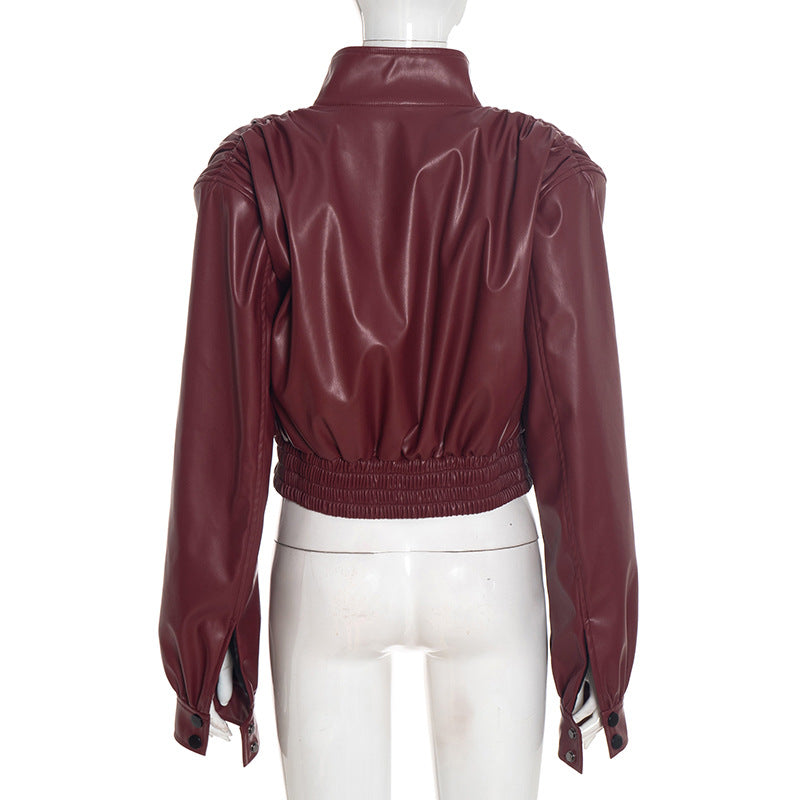 Chic Burgundy Faux Leather Cropped Bomber Jacket - Essential Fall & Holiday Style