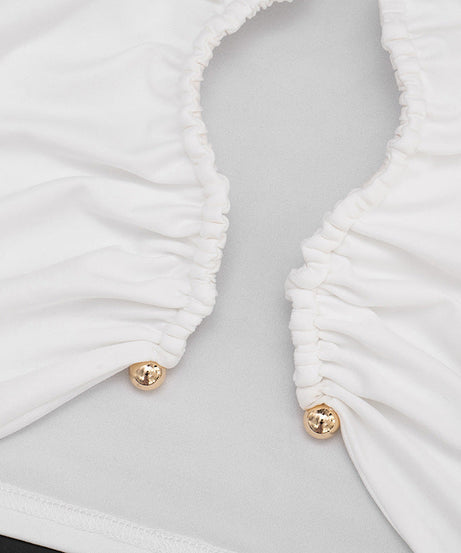 Chic White Ruched Cut-Out Long Sleeve Crop Top & Flare Pant Set | Holiday Party & Resort Ready