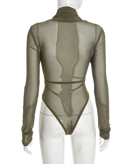 Chic Olive Green Mesh Wrap Bodysuit: High Neck, Cutout Long Sleeve – Your Fall & Holiday Statement Piece