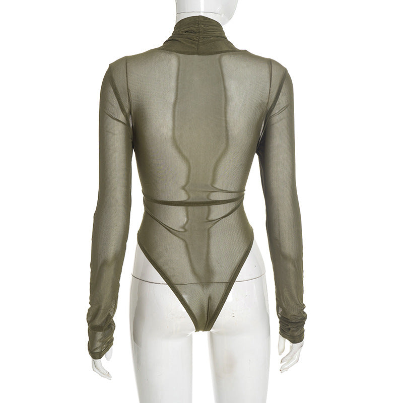 Chic Olive Green Mesh Wrap Bodysuit: High Neck, Cutout Long Sleeve – Your Fall & Holiday Statement Piece