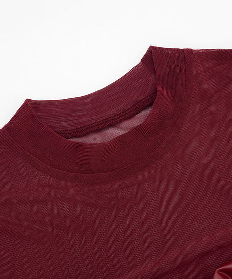 Crewneck long sleeve mesh PU leather bodysuit