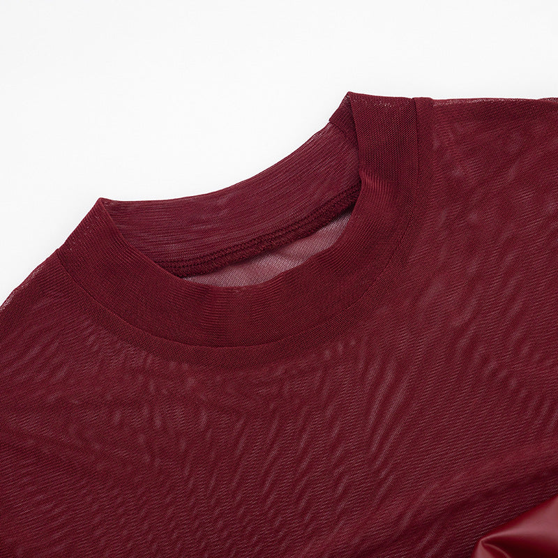 Crewneck long sleeve mesh PU leather bodysuit