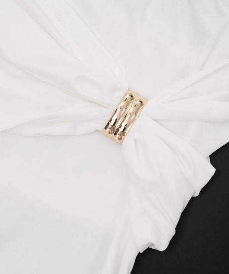 Chic White Ruched Cut-Out Long Sleeve Crop Top & Flare Pant Set | Holiday Party & Resort Ready