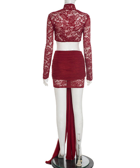 Glamorous Wine Red Lace Crop Top & Mini Skirt Set with Dramatic Train - Holiday & NYE Ready