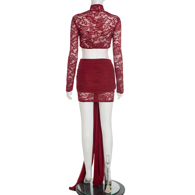 Glamorous Wine Red Lace Crop Top & Mini Skirt Set with Dramatic Train - Holiday & NYE Ready