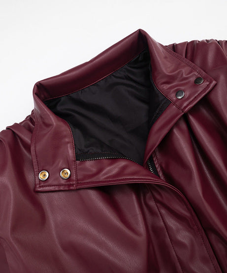 Chic Burgundy Faux Leather Cropped Bomber Jacket - Essential Fall & Holiday Style