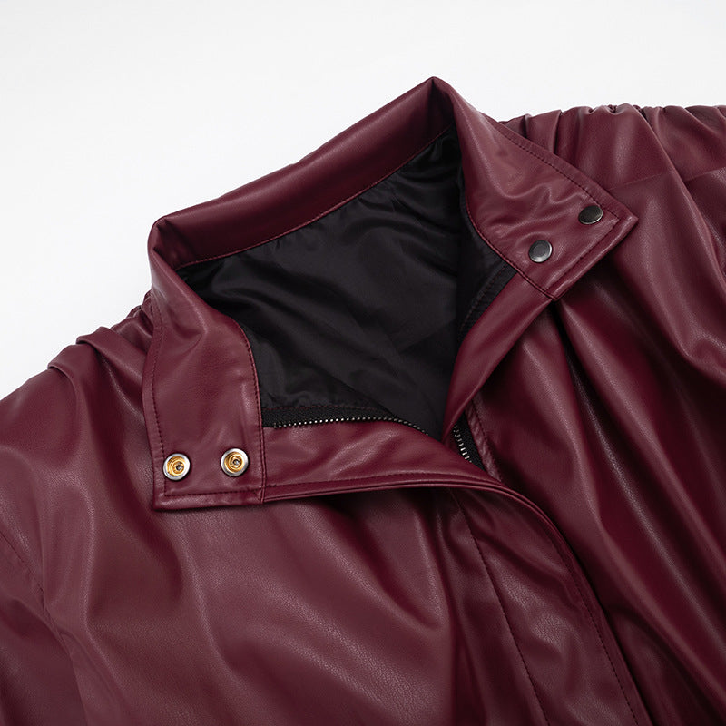 Chic Burgundy Faux Leather Cropped Bomber Jacket - Essential Fall & Holiday Style