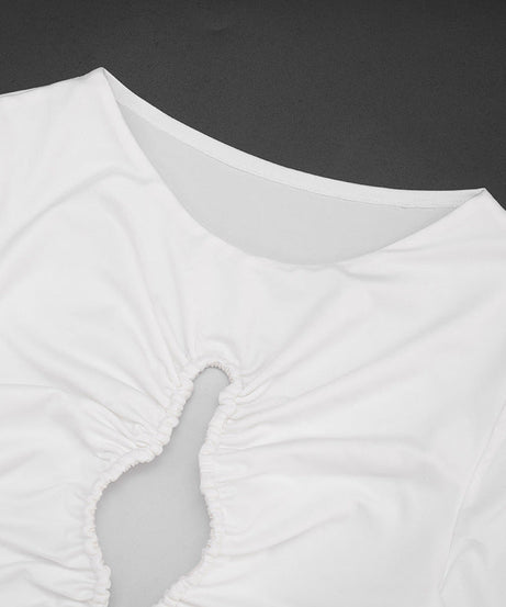 Chic White Ruched Cut-Out Long Sleeve Crop Top & Flare Pant Set | Holiday Party & Resort Ready