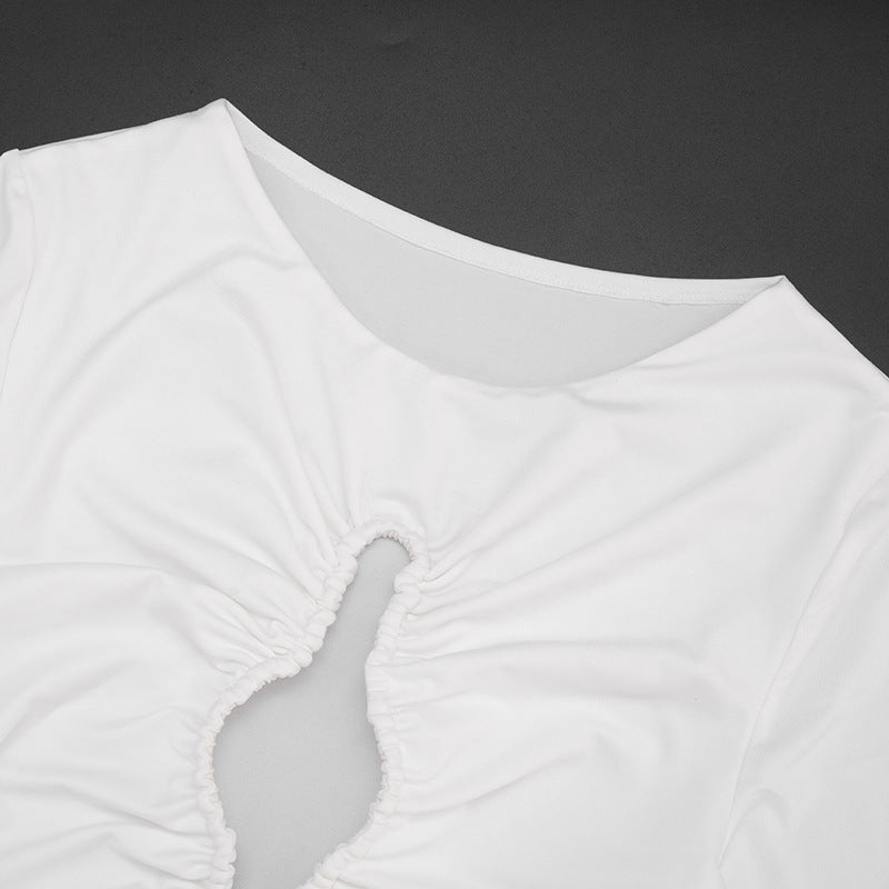 Chic White Ruched Cut-Out Long Sleeve Crop Top & Flare Pant Set | Holiday Party & Resort Ready