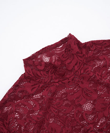 Glamorous Wine Red Lace Crop Top & Mini Skirt Set with Dramatic Train - Holiday & NYE Ready