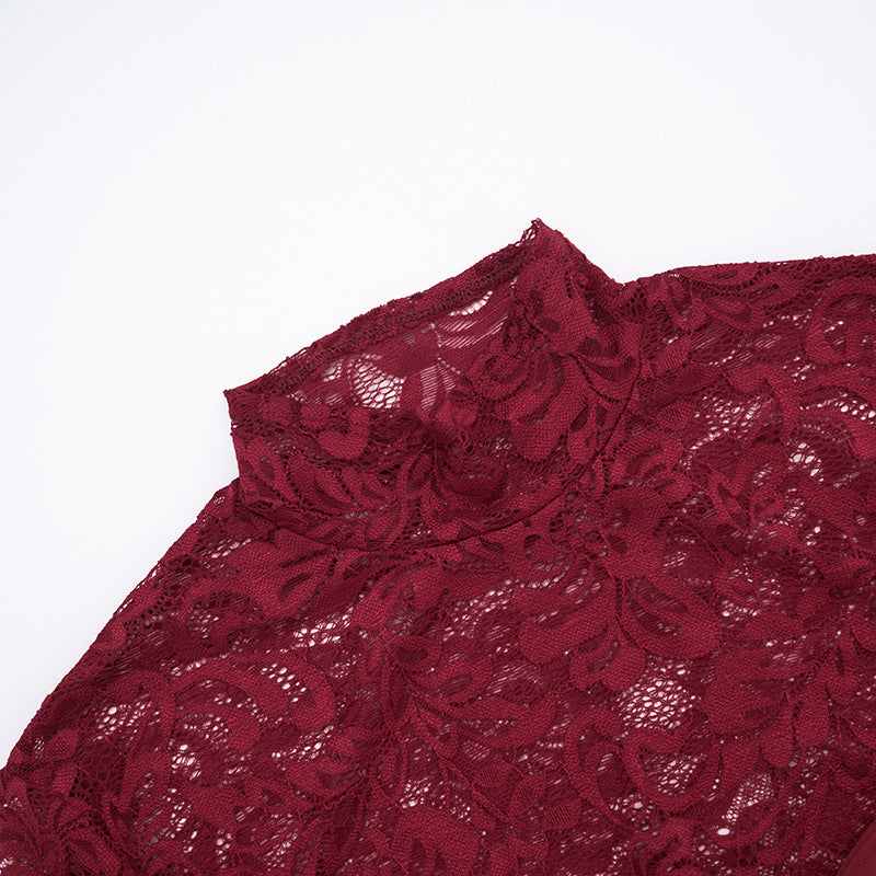 Glamorous Wine Red Lace Crop Top & Mini Skirt Set with Dramatic Train - Holiday & NYE Ready