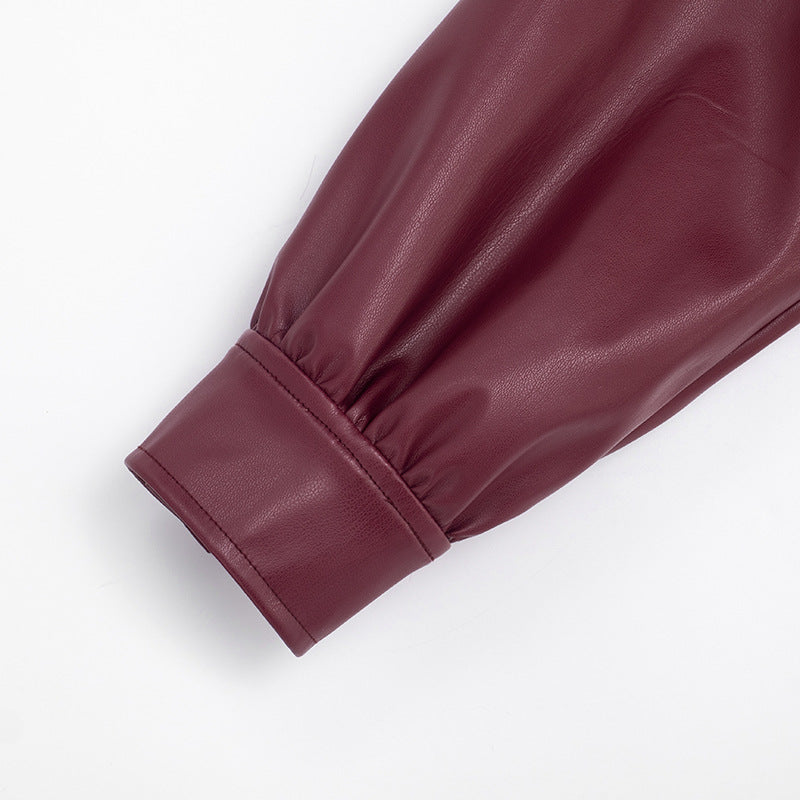 Chic Burgundy Faux Leather Cropped Bomber Jacket - Essential Fall & Holiday Style