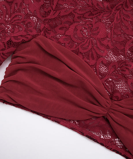 Glamorous Wine Red Lace Crop Top & Mini Skirt Set with Dramatic Train - Holiday & NYE Ready