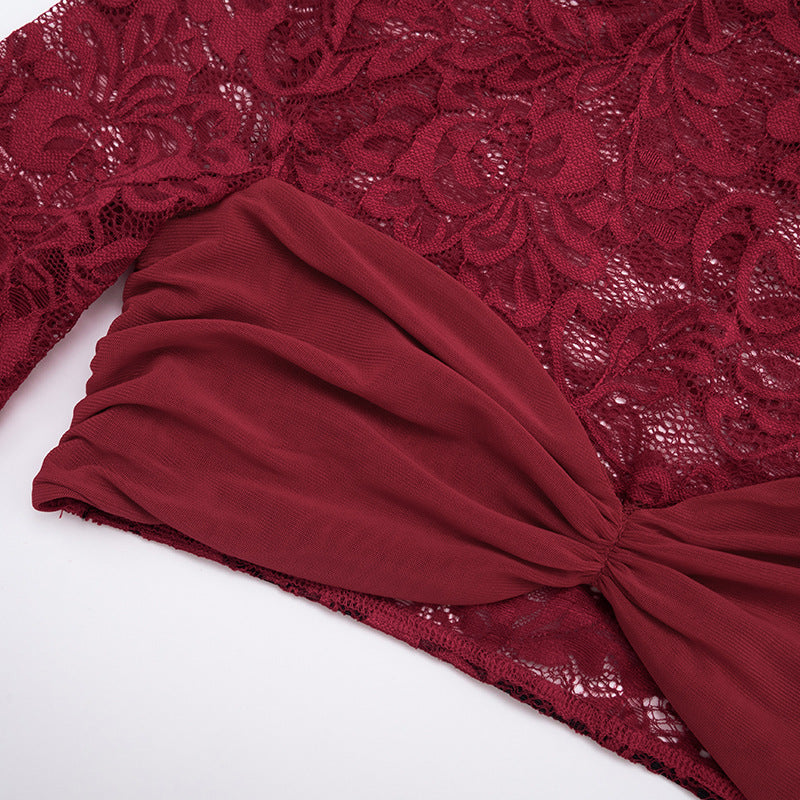 Glamorous Wine Red Lace Crop Top & Mini Skirt Set with Dramatic Train - Holiday & NYE Ready