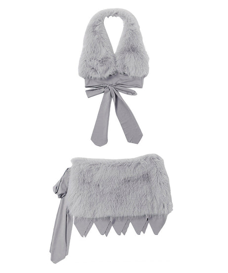 Chic Faux Fur Halter Crop & Jagged Mini Skirt Set – Holiday Party & Cosplay Ready