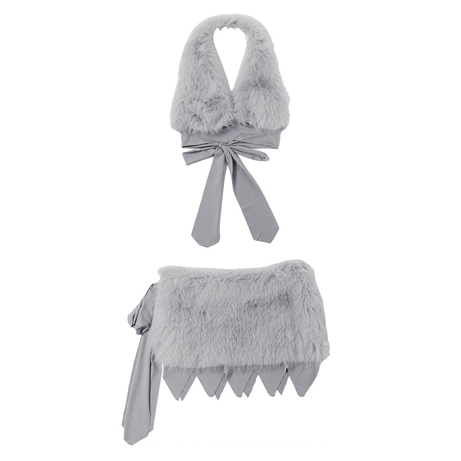 Chic Faux Fur Halter Crop & Jagged Mini Skirt Set – Holiday Party & Cosplay Ready