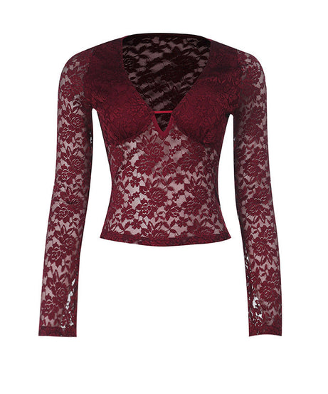 Daring Burgundy Floral Lace Plunge V-Neck Long Sleeve Top - Fall & Holiday Party Ready