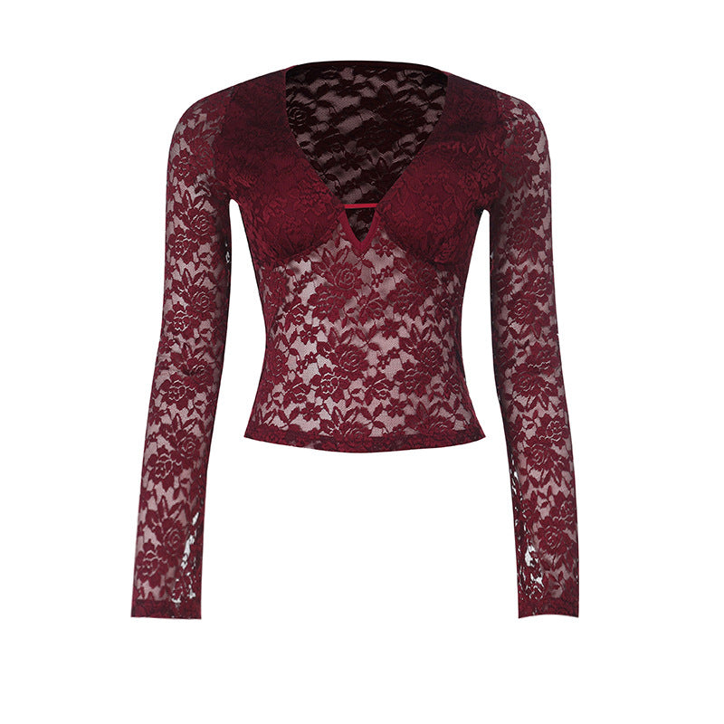 Daring Burgundy Floral Lace Plunge V-Neck Long Sleeve Top - Fall & Holiday Party Ready