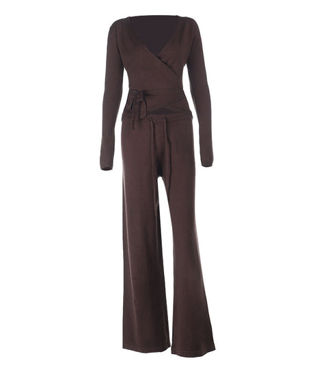 Cozy Chic Knit Lounge Set: Women's V-Neck Wrap Top & Wide-Leg Pants - Perfect for Fall & Holiday Comfort