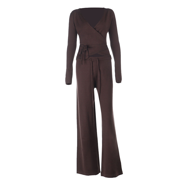 Cozy Chic Knit Lounge Set: Women's V-Neck Wrap Top & Wide-Leg Pants - Perfect for Fall & Holiday Comfort